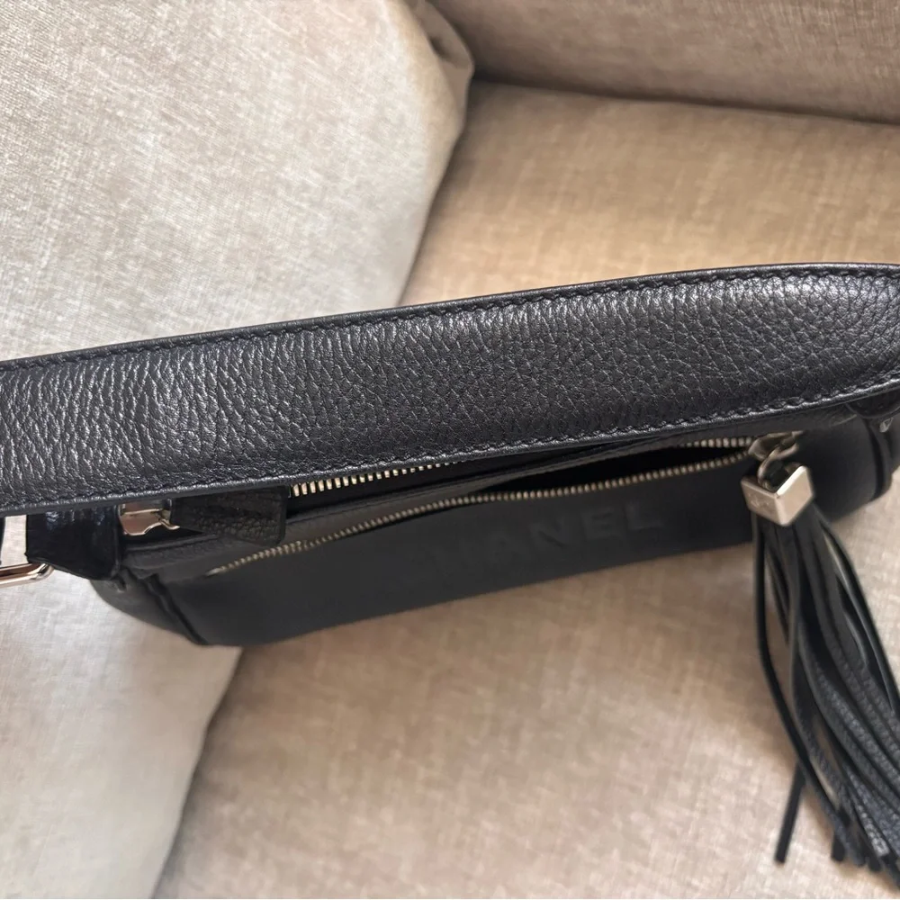 Authentic CHANEL black grained calfskin CC oversized charm baguette hobo bag